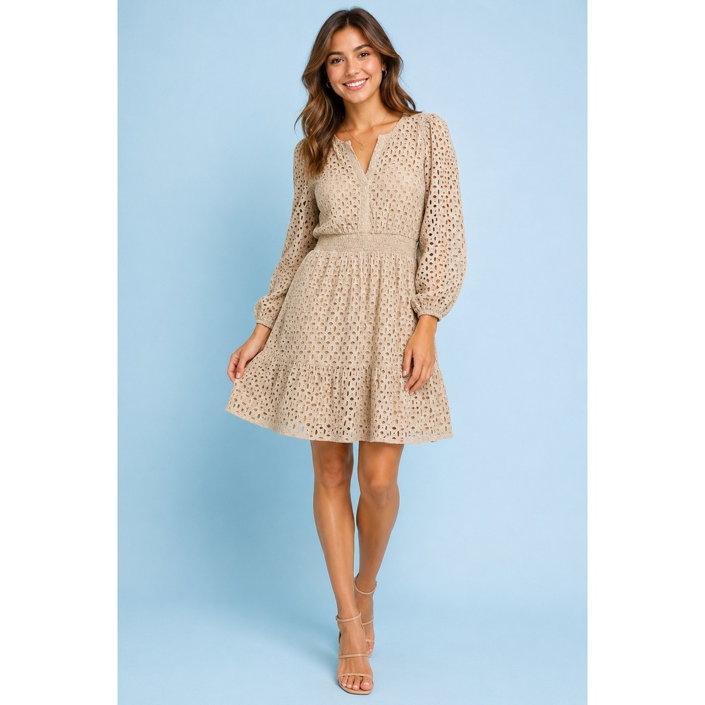 Zesica Beige Eyelet Long Sleeve Mini Dress Smocked Waist Ruffle Hem‎ Size M